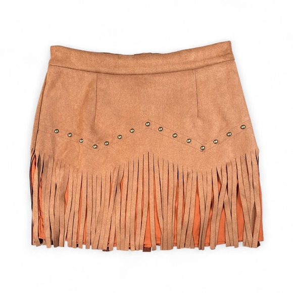 Cequent Unbranded Dresses & Skirts - Faux Suede Fringe Mini Skirt Sz Medium Studded Detail Western Boho Chic Brown